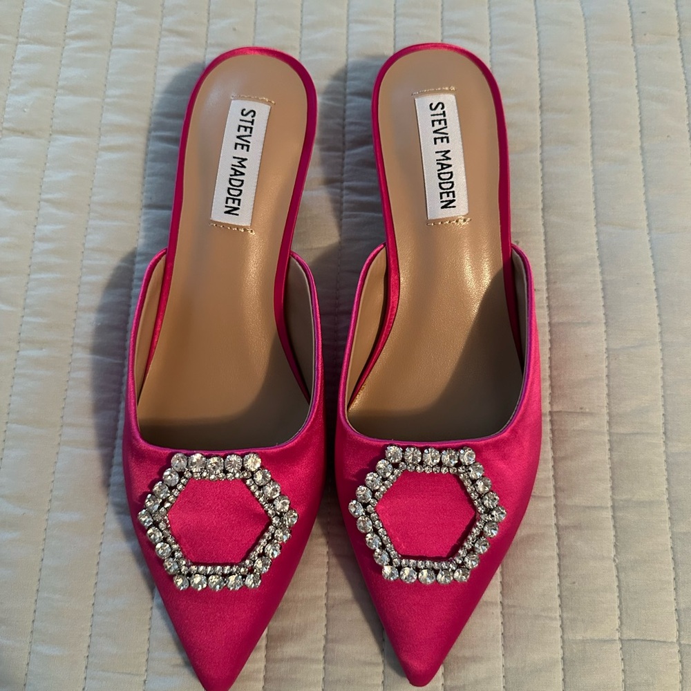 Steve Madden Kees Rhinestone Buckle Satin Kitten Heels